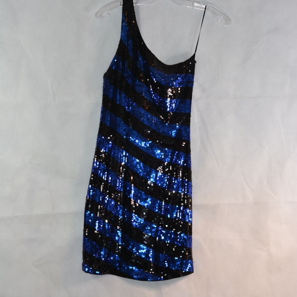 BLue Black Striped Sequin One Sholder Mini Dress Sz S BEDO - Picture 2 of 7